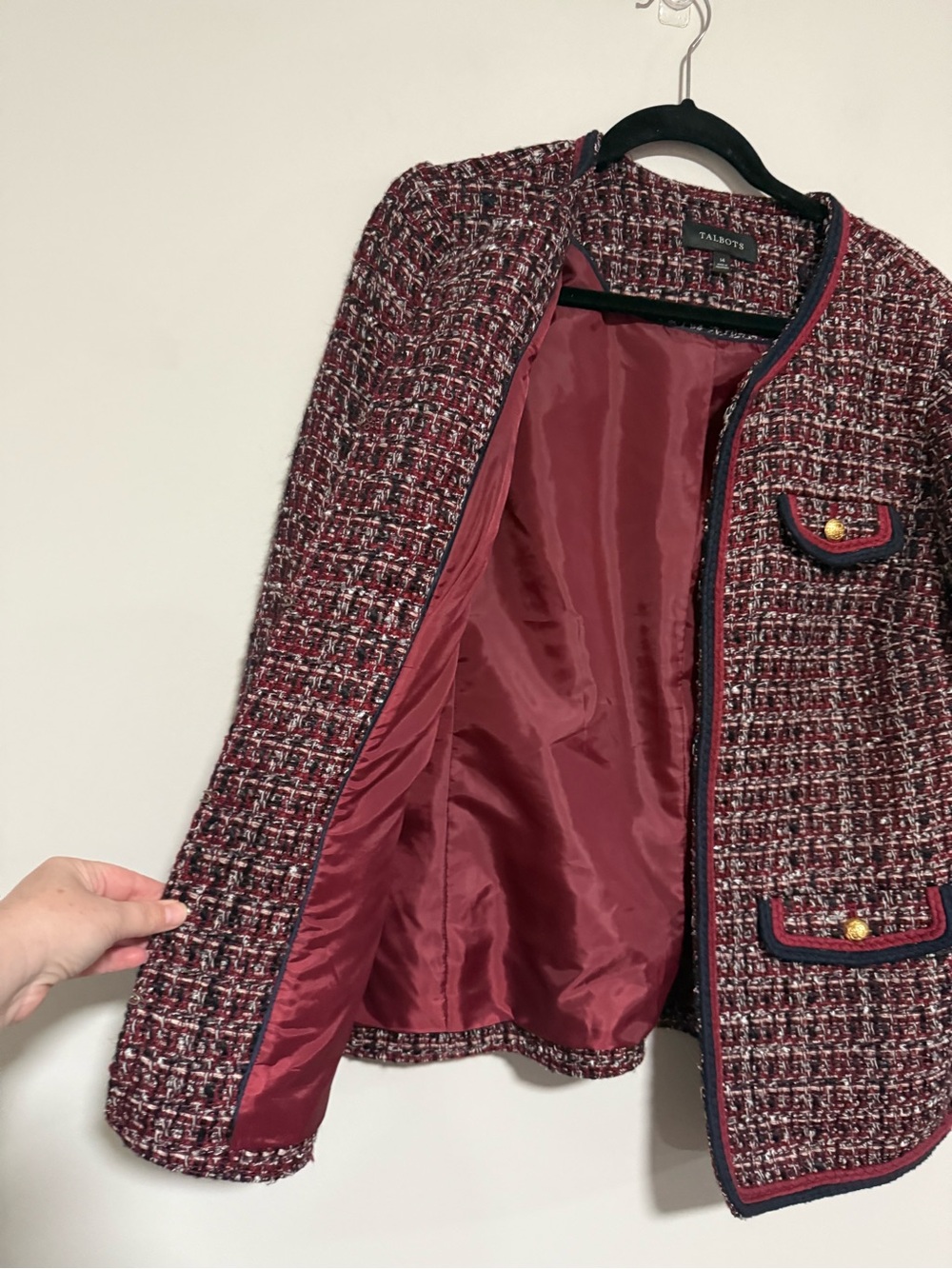 Talbots Burgundy/Navy Round Neck Tweed Blazer Jacket Size 14 Classic Office - Picture 8 of 11